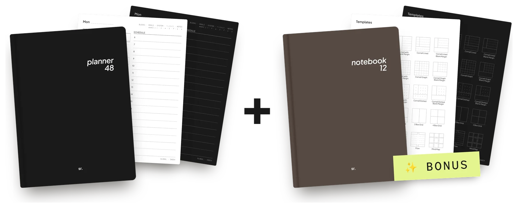 planner48 and the bonus notebook12, each in Light and Dark
