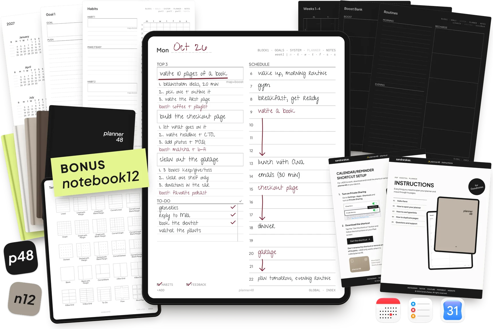 planner48 pages in Light and Dark mode, a filled-in daily page with map + boost, the bonus notebook12, and the setup guides